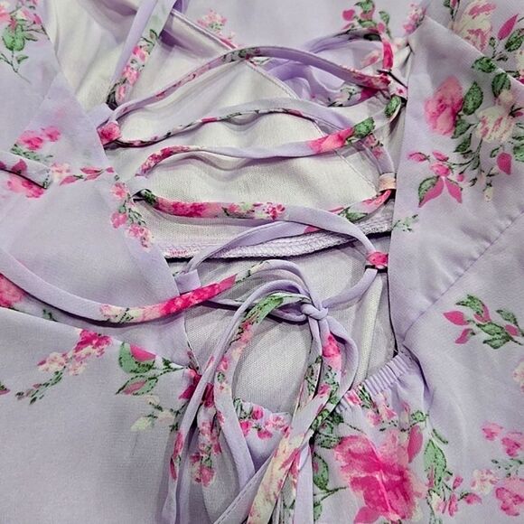 Lulus Love Forever Lavender Floral Lace-Up Back High Low Maxi Dress Cottagecore - Picture 5 of 10